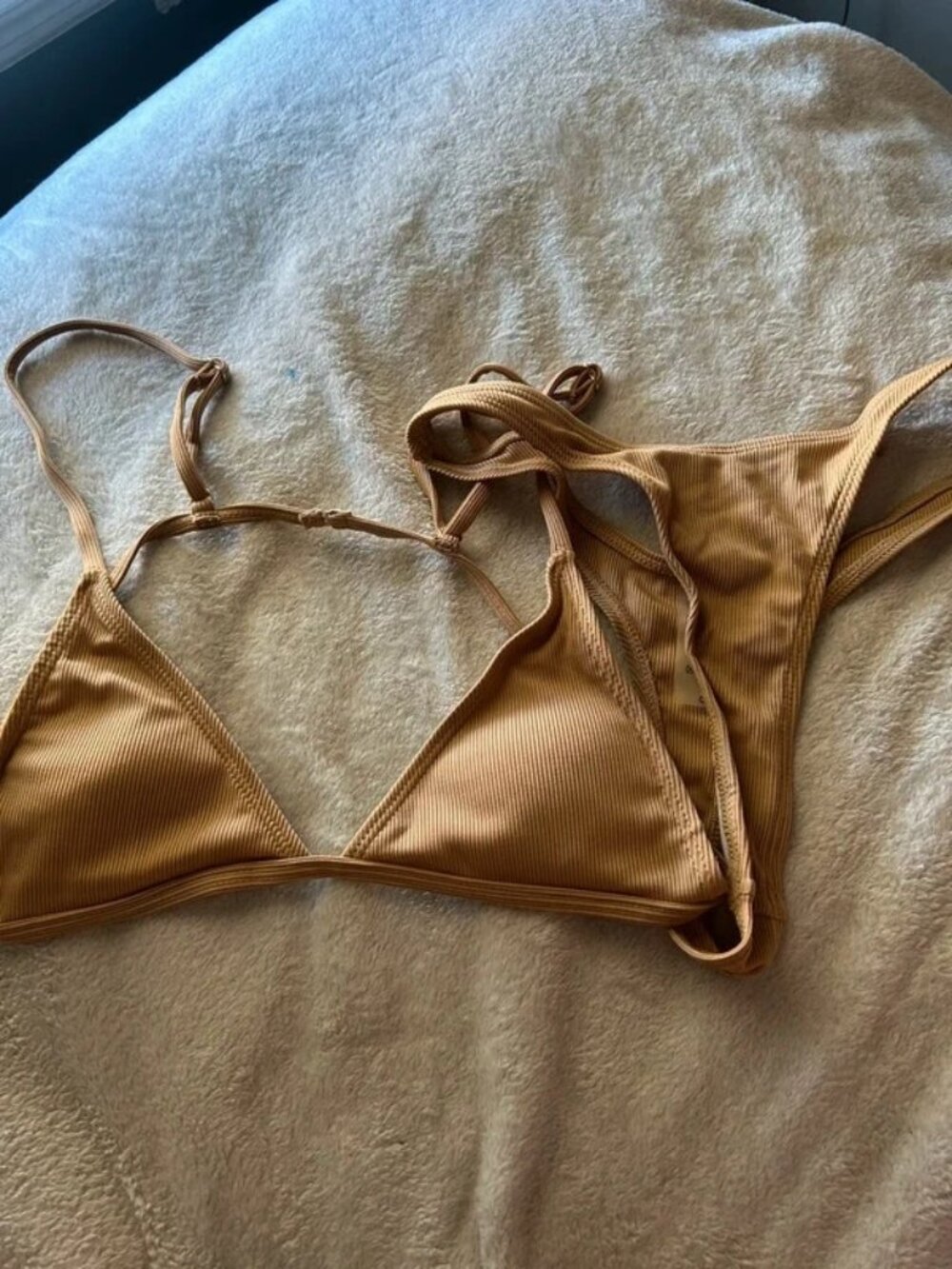 Shein Matte Collection String Triangle Beige Bikini Top & Bottom